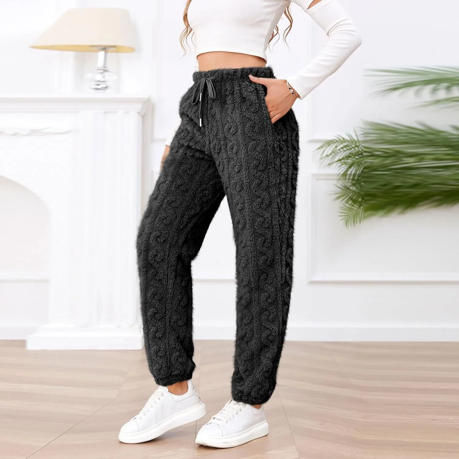 Womens Fleece Pajama Pants Winter Warm Fuzzy Sherpa Trousers Plush Teddy Pants High Waist Joggers Pockets Loungewear