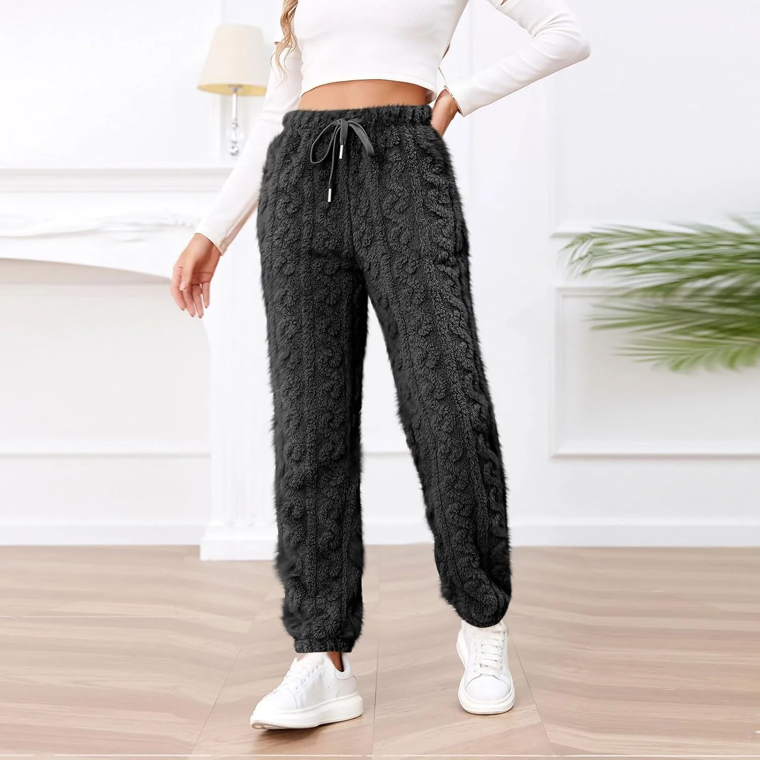 Womens Fleece Pajama Pants Winter Warm Fuzzy Sherpa Trousers Plush Teddy Pants High Waist Joggers Pockets Loungewear