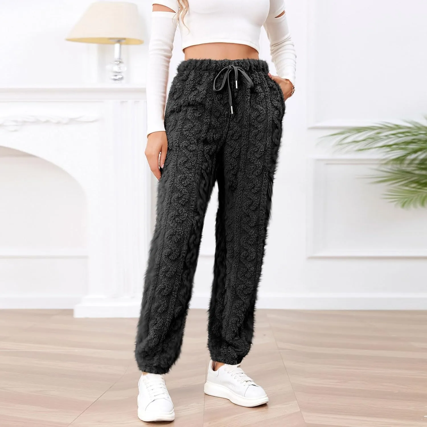 Womens Fleece Pajama Pants Winter Warm Fuzzy Sherpa Trousers Plush Teddy Pants High Waist Joggers Pockets Loungewear