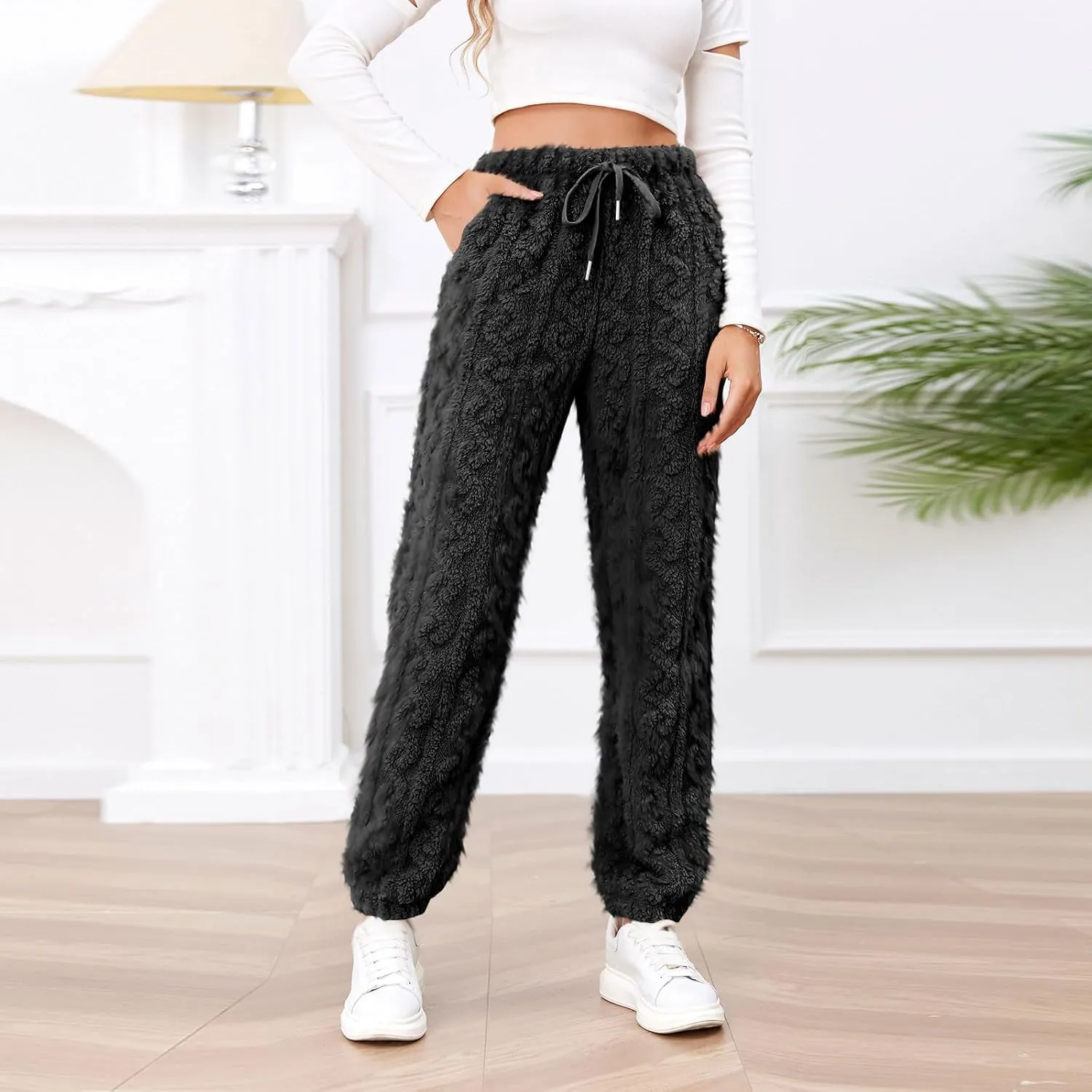 Womens Fleece Pajama Pants Winter Warm Fuzzy Sherpa Trousers Plush Teddy Pants High Waist Joggers Pockets Loungewear