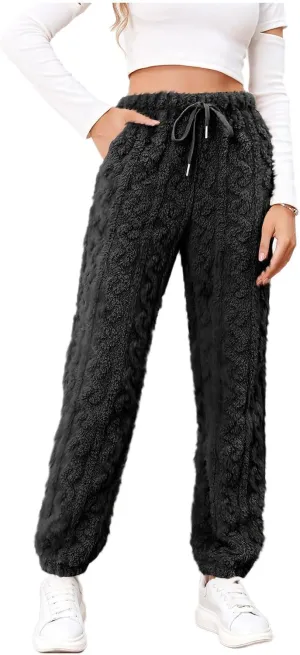 Womens Fleece Pajama Pants Winter Warm Fuzzy Sherpa Trousers Plush Teddy Pants High Waist Joggers Pockets Loungewear