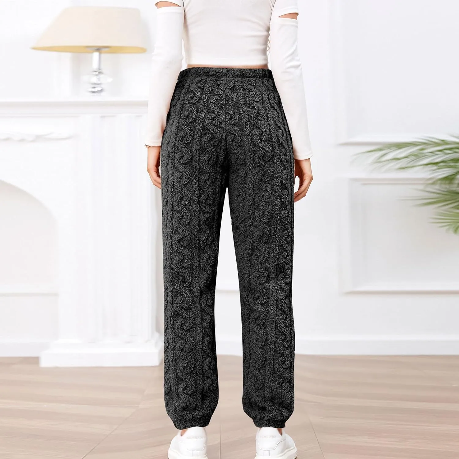 Womens Fleece Pajama Pants Winter Warm Fuzzy Sherpa Trousers Plush Teddy Pants High Waist Joggers Pockets Loungewear