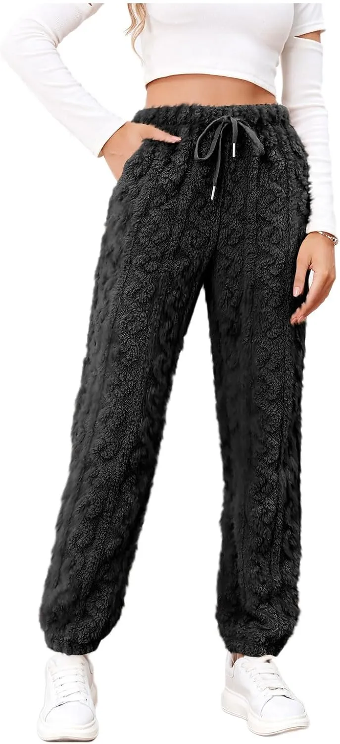 Womens Fleece Pajama Pants Winter Warm Fuzzy Sherpa Trousers Plush Teddy Pants High Waist Joggers Pockets Loungewear