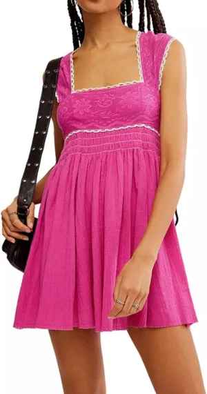 Women's Floral Lace Halter Mini Dress Summer Square Neck Elastic Corset Sleeveless Flowy Lightweight Ruched Dresses