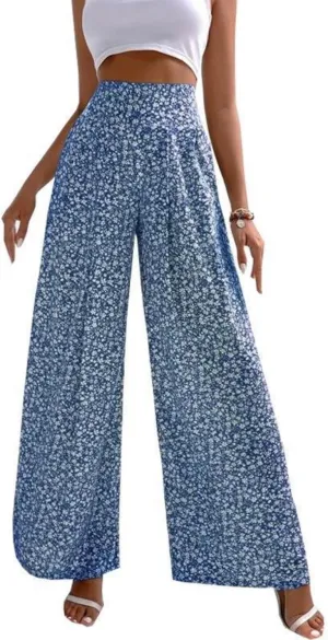 Womens Floral Print Pants High Waisted Tummy Control Trousers Wide Leg Long Lounge Pant Fashion Comfy Summer Trouser