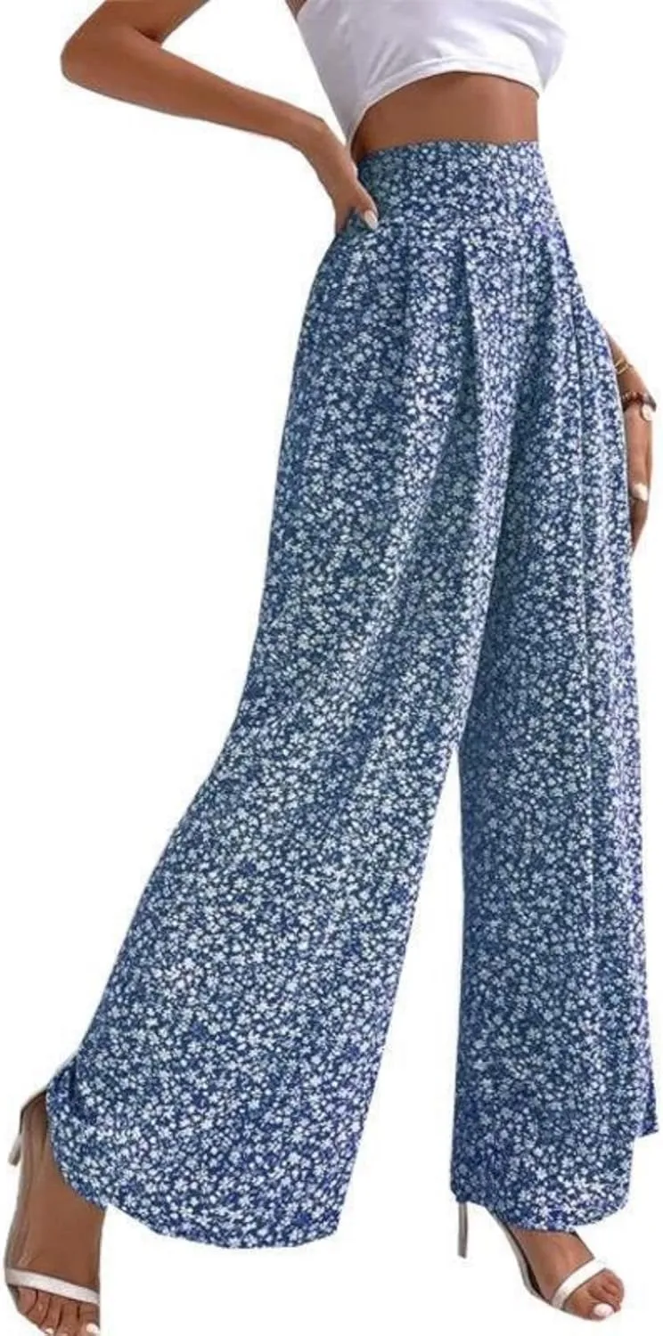 Womens Floral Print Pants High Waisted Tummy Control Trousers Wide Leg Long Lounge Pant Fashion Comfy Summer Trouser