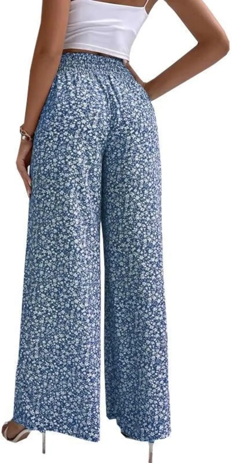 Womens Floral Print Pants High Waisted Tummy Control Trousers Wide Leg Long Lounge Pant Fashion Comfy Summer Trouser