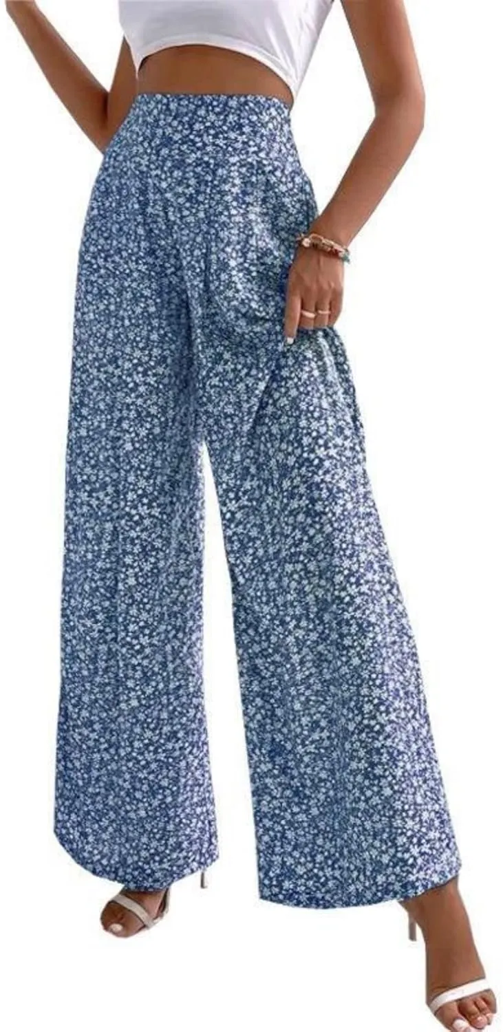 Womens Floral Print Pants High Waisted Tummy Control Trousers Wide Leg Long Lounge Pant Fashion Comfy Summer Trouser