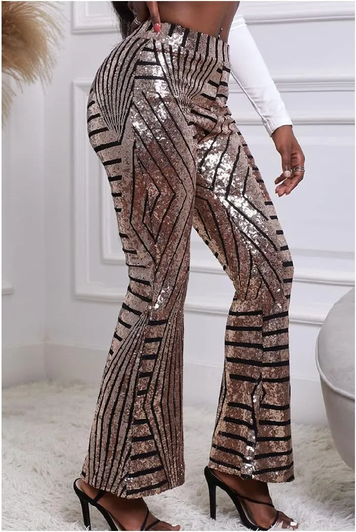 Women's Glitter Sequin Wide Leg Flare Pants High Waist Bell Bottoms Party Palazzo Pants Flared Trousers