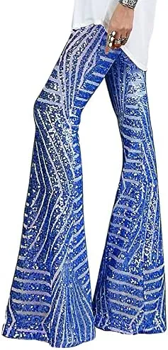 Women's Glitter Sequin Wide Leg Flare Pants High Waist Bell Bottoms Party Palazzo Pants Flared Trousers