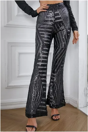 Women's Glitter Sequin Wide Leg Flare Pants High Waist Bell Bottoms Party Palazzo Pants Flared Trousers