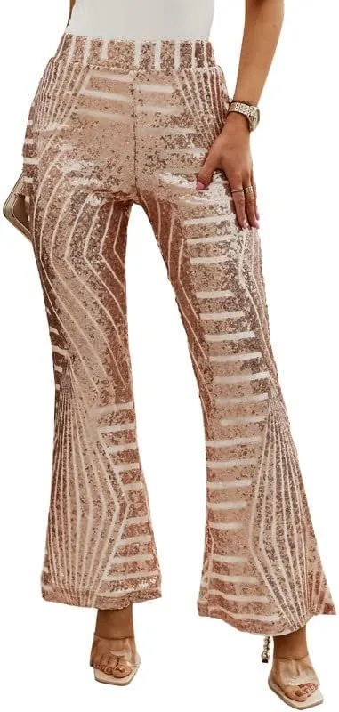 Women's Glitter Sequin Wide Leg Flare Pants High Waist Bell Bottoms Party Palazzo Pants Flared Trousers