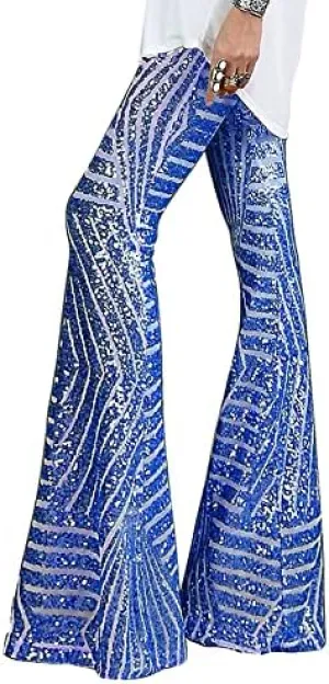 Women's Glitter Sequin Wide Leg Flare Pants High Waist Bell Bottoms Party Palazzo Pants Flared Trousers