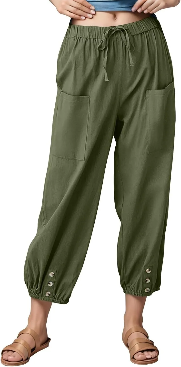 Women's High Waist Capri Baggy Drawstring Pants Cinch Bottom with Button Cotton Linen Loose Casual Trouser Pockets