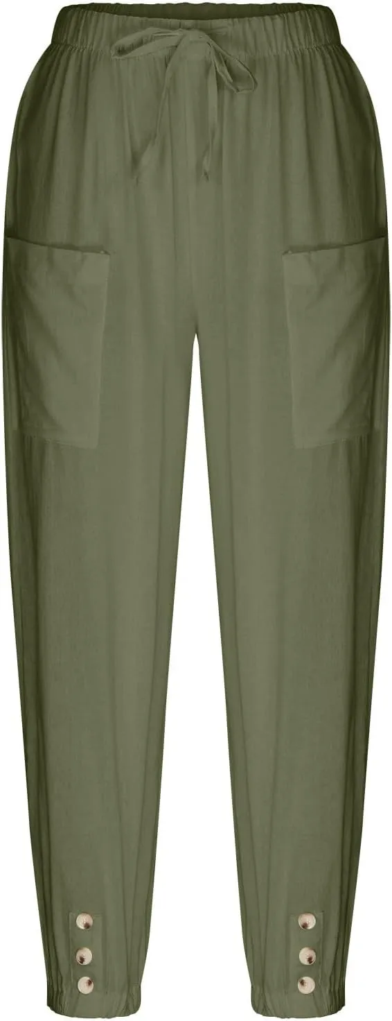 Women's High Waist Capri Baggy Drawstring Pants Cinch Bottom with Button Cotton Linen Loose Casual Trouser Pockets