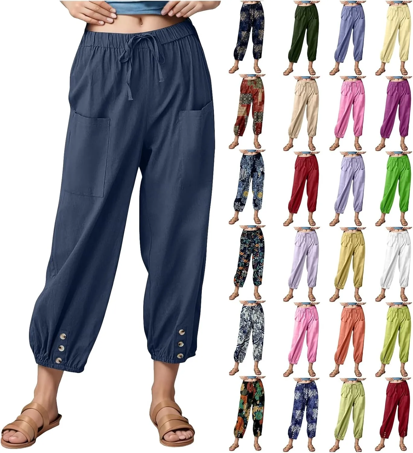 Women's High Waist Capri Baggy Drawstring Pants Cinch Bottom with Button Cotton Linen Loose Casual Trouser Pockets