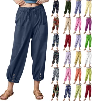 Women's High Waist Capri Baggy Drawstring Pants Cinch Bottom with Button Cotton Linen Loose Casual Trouser Pockets