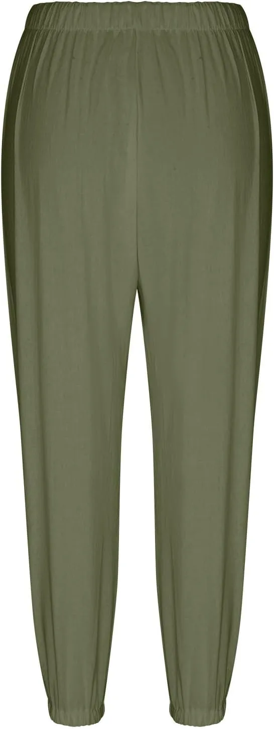 Women's High Waist Capri Baggy Drawstring Pants Cinch Bottom with Button Cotton Linen Loose Casual Trouser Pockets