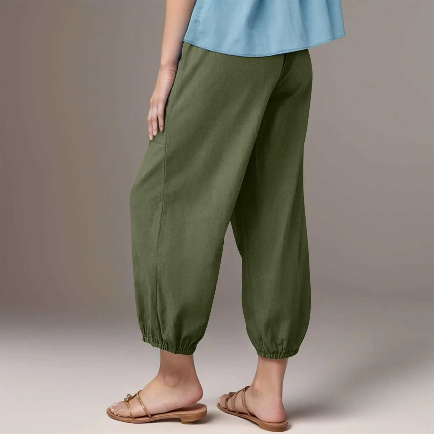 Women's High Waist Capri Baggy Drawstring Pants Cinch Bottom with Button Cotton Linen Loose Casual Trouser Pockets