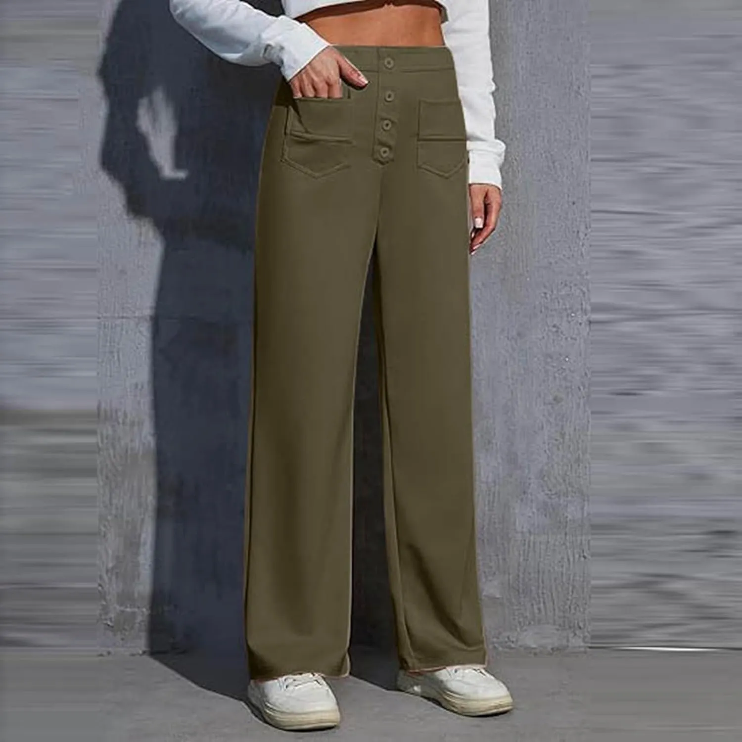Women's High Waist Casual Pants Summer Stretchy Straight Wide Leg Trendy Flowy Pants with Pockets Loose Trousers