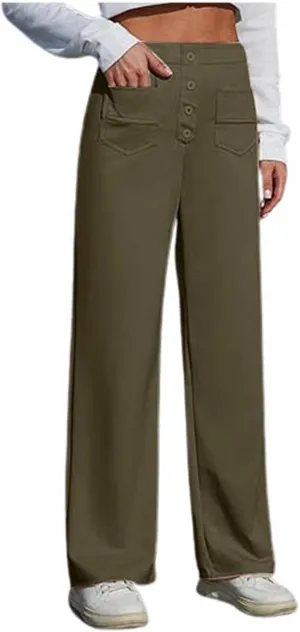 Women's High Waist Casual Pants Summer Stretchy Straight Wide Leg Trendy Flowy Pants with Pockets Loose Trousers