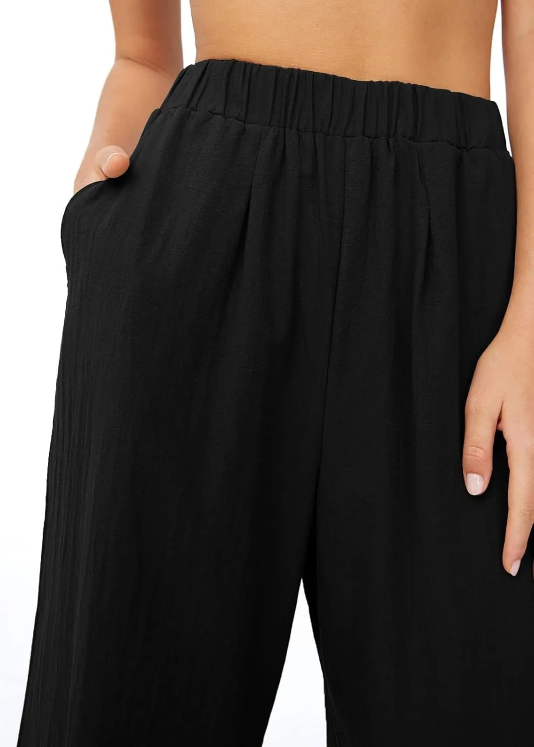 Women's High Waist Casual Wide-Leg Linen Trousers Vacation Palazzo Beach Pant Summer Business Pants with Pockets