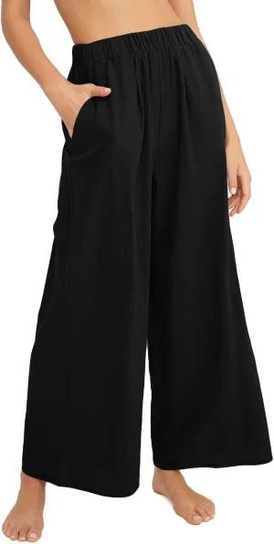 Women's High Waist Casual Wide-Leg Linen Trousers Vacation Palazzo Beach Pant Summer Business Pants with Pockets