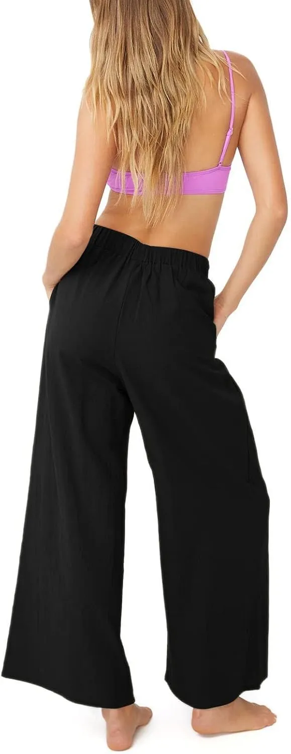 Women's High Waist Casual Wide-Leg Linen Trousers Vacation Palazzo Beach Pant Summer Business Pants with Pockets