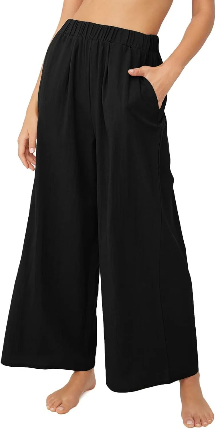 Women's High Waist Casual Wide-Leg Linen Trousers Vacation Palazzo Beach Pant Summer Business Pants with Pockets