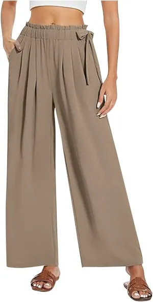 Women's High Waist Elastic Pants Summer Loose Wide Leg Trousers Flowy Beach Side Tie Knot Lounge Pants with Pockets