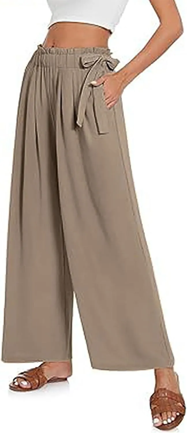 Women's High Waist Elastic Pants Summer Loose Wide Leg Trousers Flowy Beach Side Tie Knot Lounge Pants with Pockets