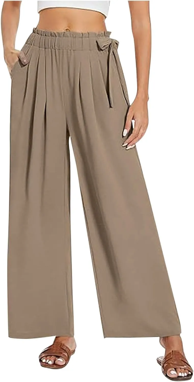 Women's High Waist Elastic Pants Summer Loose Wide Leg Trousers Flowy Beach Side Tie Knot Lounge Pants with Pockets
