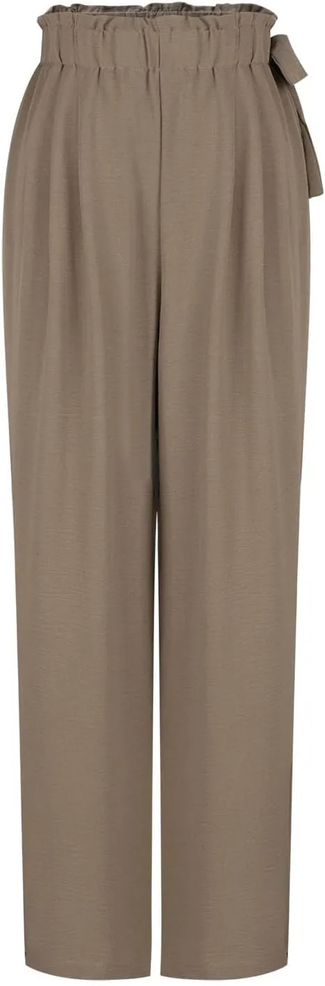Women's High Waist Elastic Pants Summer Loose Wide Leg Trousers Flowy Beach Side Tie Knot Lounge Pants with Pockets