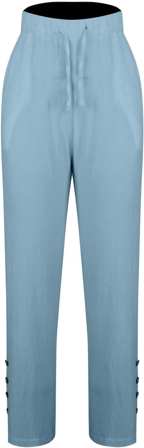 Womens High Waist Linen Pants Drawstring Elastic Waist Summer Casual Pants Loose Fit Lounge Trousers with Pockets
