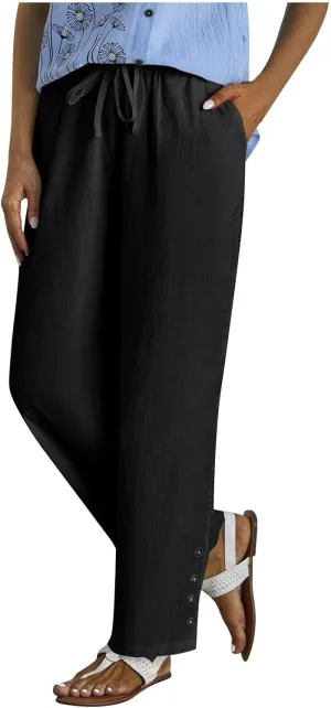 Womens High Waist Linen Pants Drawstring Elastic Waist Summer Casual Pants Loose Fit Lounge Trousers with Pockets