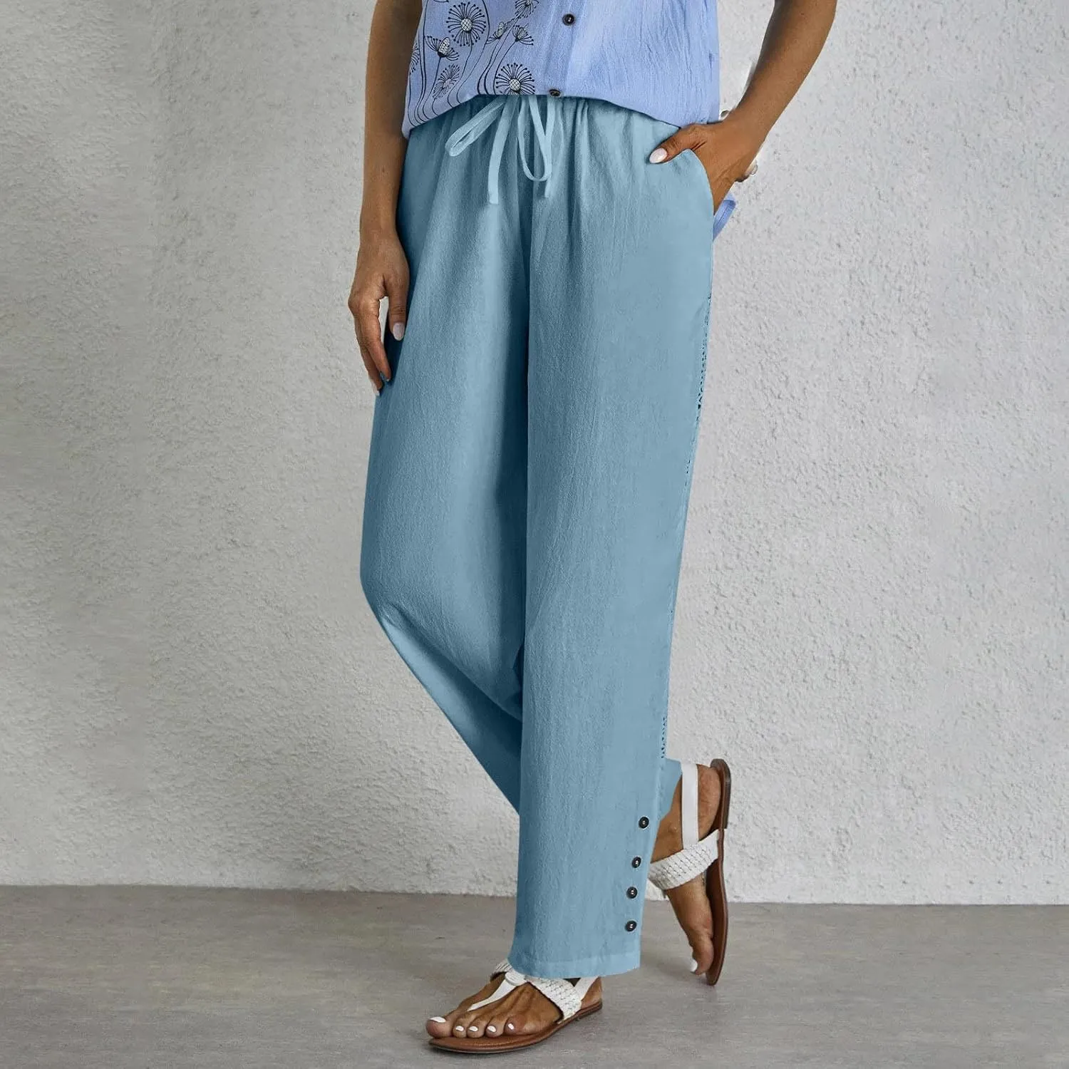 Womens High Waist Linen Pants Drawstring Elastic Waist Summer Casual Pants Loose Fit Lounge Trousers with Pockets