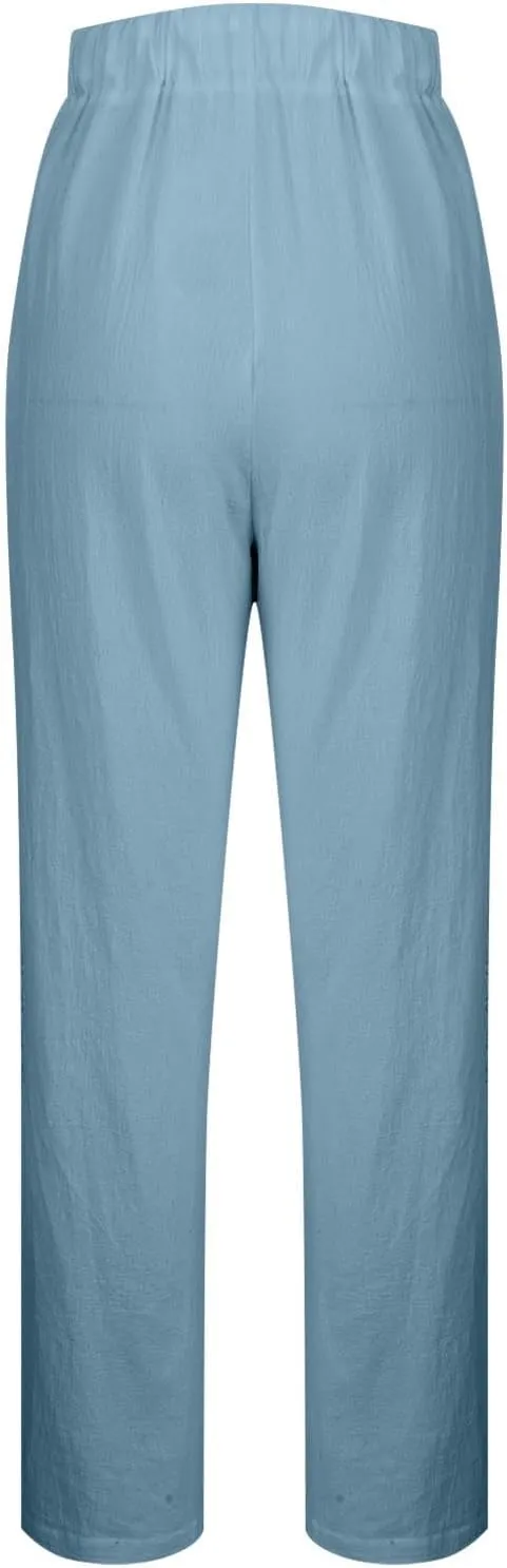Womens High Waist Linen Pants Drawstring Elastic Waist Summer Casual Pants Loose Fit Lounge Trousers with Pockets