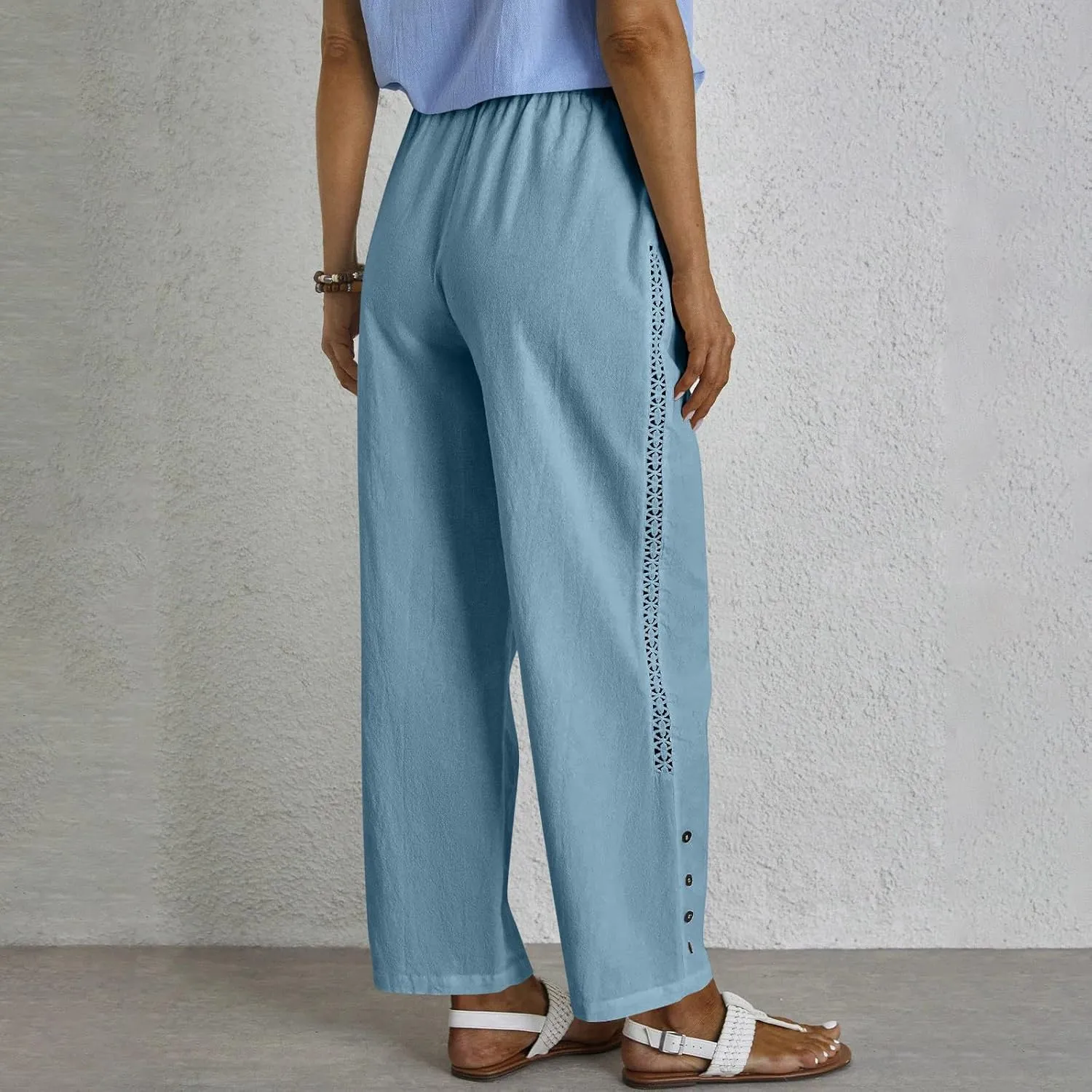 Womens High Waist Linen Pants Drawstring Elastic Waist Summer Casual Pants Loose Fit Lounge Trousers with Pockets