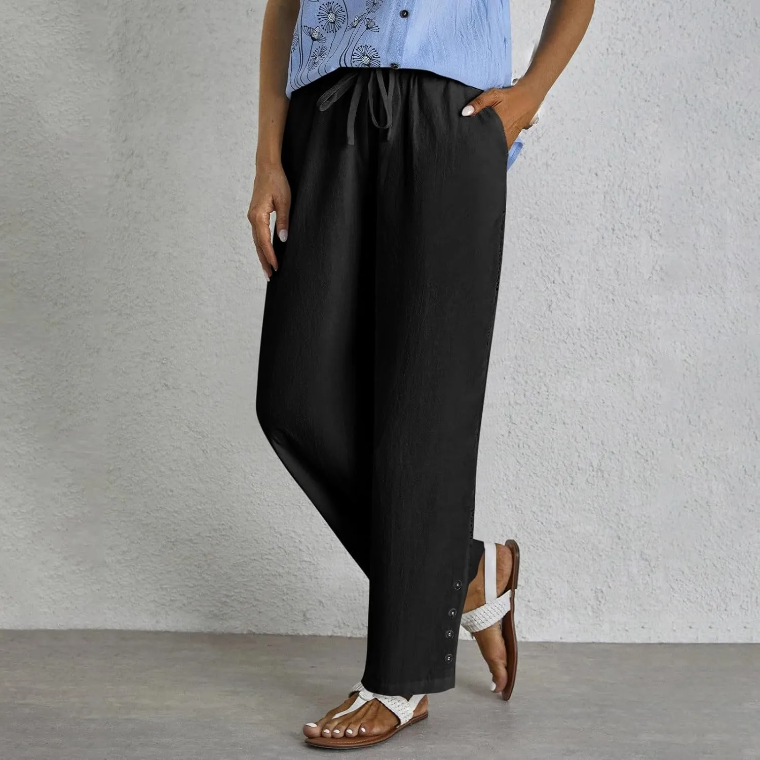 Womens High Waist Linen Pants Drawstring Elastic Waist Summer Casual Pants Loose Fit Lounge Trousers with Pockets
