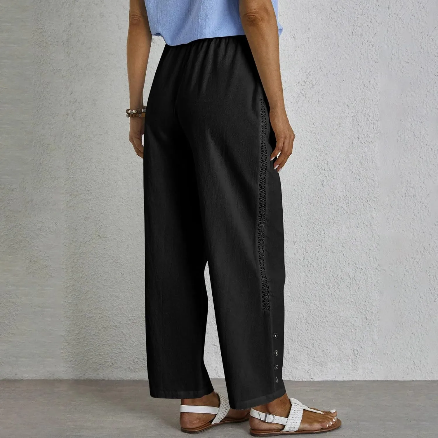 Womens High Waist Linen Pants Drawstring Elastic Waist Summer Casual Pants Loose Fit Lounge Trousers with Pockets
