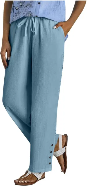 Womens High Waist Linen Pants Drawstring Elastic Waist Summer Casual Pants Loose Fit Lounge Trousers with Pockets