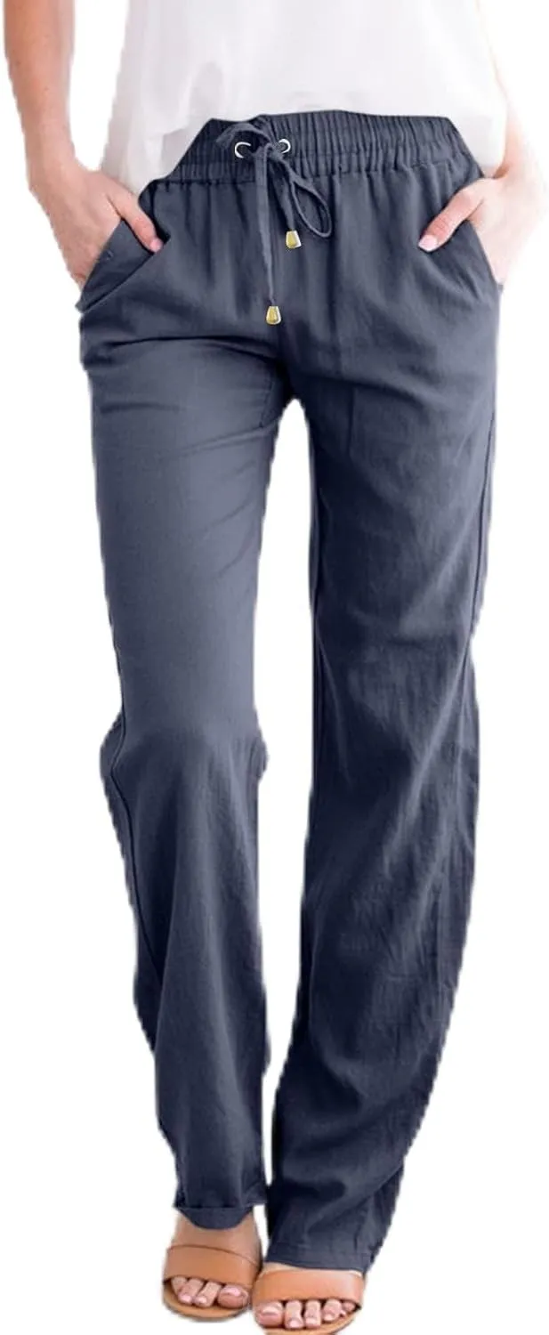 Womens High Waist Linen Pants Straight Leg Casual Loose Summer Beach Lightweight Drawstring Lounge Palazzo Trousers