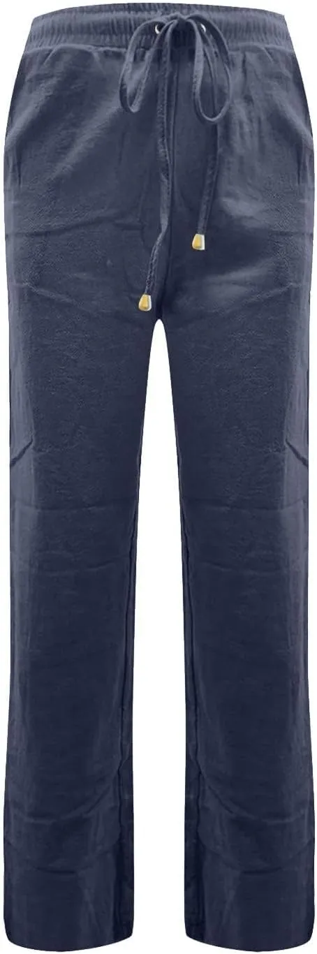 Womens High Waist Linen Pants Straight Leg Casual Loose Summer Beach Lightweight Drawstring Lounge Palazzo Trousers