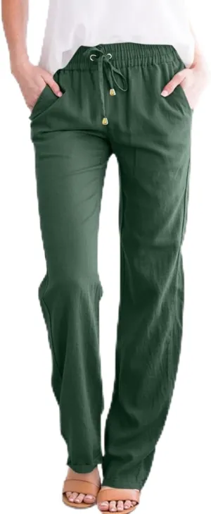 Womens High Waist Linen Pants Straight Leg Casual Loose Summer Beach Lightweight Drawstring Lounge Palazzo Trousers