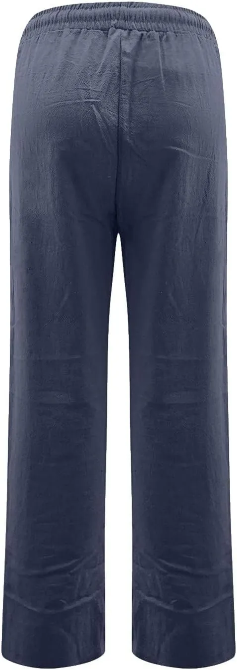 Womens High Waist Linen Pants Straight Leg Casual Loose Summer Beach Lightweight Drawstring Lounge Palazzo Trousers