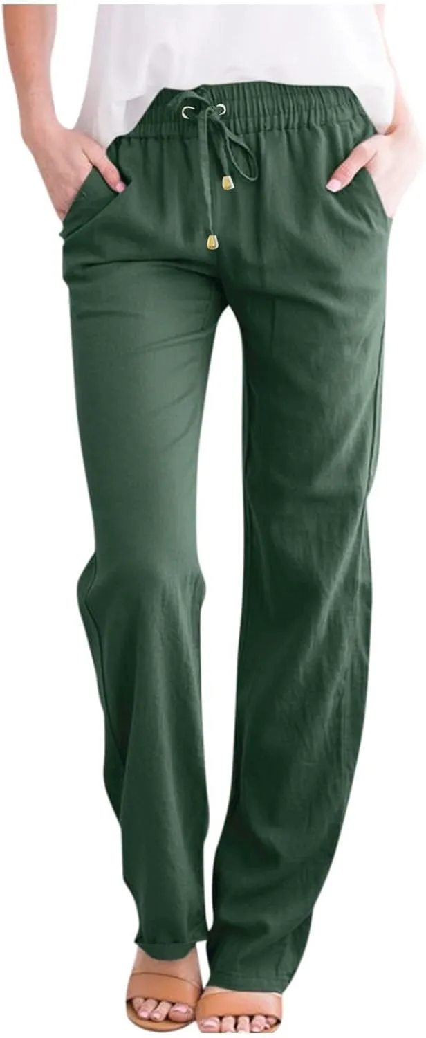 Womens High Waist Linen Pants Straight Leg Casual Loose Summer Beach Lightweight Drawstring Lounge Palazzo Trousers