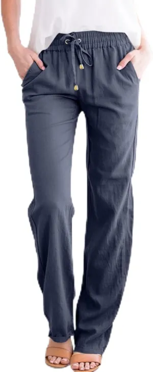 Womens High Waist Linen Pants Straight Leg Casual Loose Summer Beach Lightweight Drawstring Lounge Palazzo Trousers