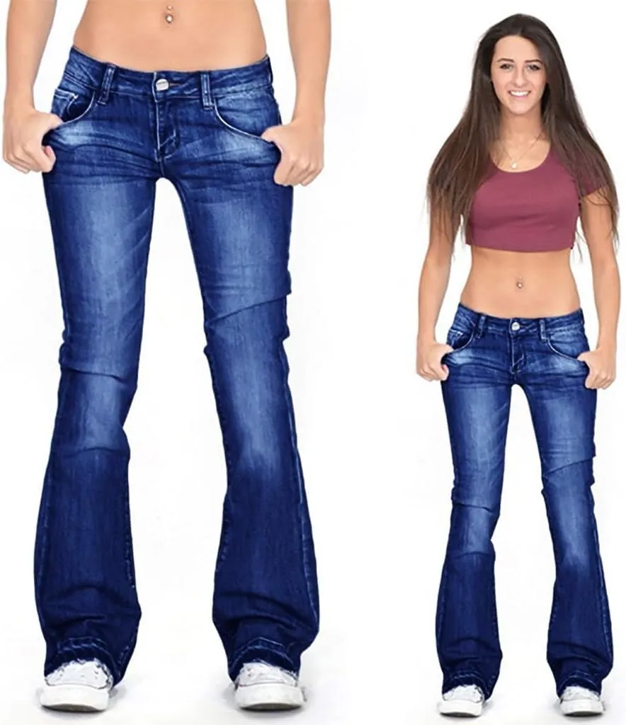 Womens High Waisted Flare Denim Pant Trendy Relax Fit Washed Jeans Gradient Pleated Bell Bottom Casaul Denim Trousers