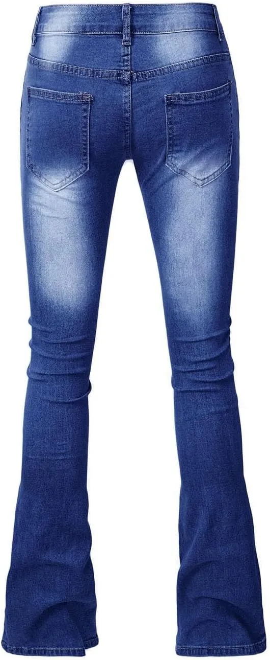 Womens High Waisted Flare Denim Pant Trendy Relax Fit Washed Jeans Gradient Pleated Bell Bottom Casaul Denim Trousers