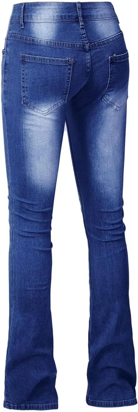 Womens High Waisted Flare Denim Pant Trendy Relax Fit Washed Jeans Gradient Pleated Bell Bottom Casaul Denim Trousers